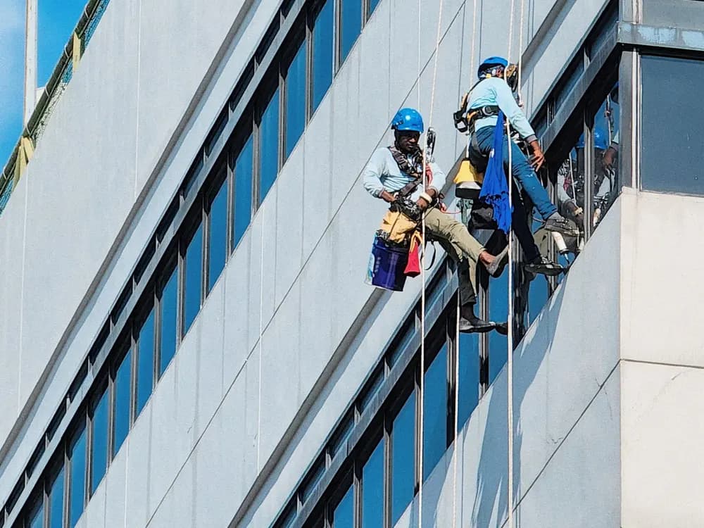 Técnicos de trabajos verticales suspendidos en la fachada de un edificio de Sevilla